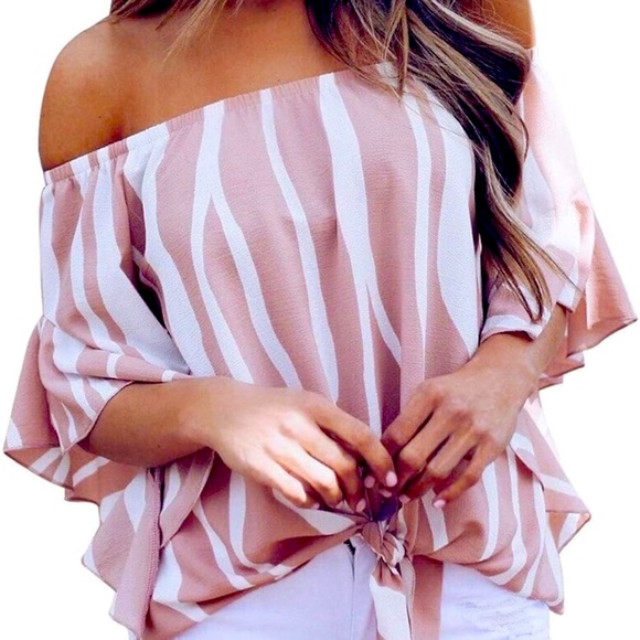Love this !! Women's Striped Off The Shoulder Tops 3/4 Bell Sleeve - Picture 2 of 5